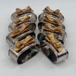 Set of 8 Vintage Silverplate Napkin Rings w/ Gold Bow Ribbon Design